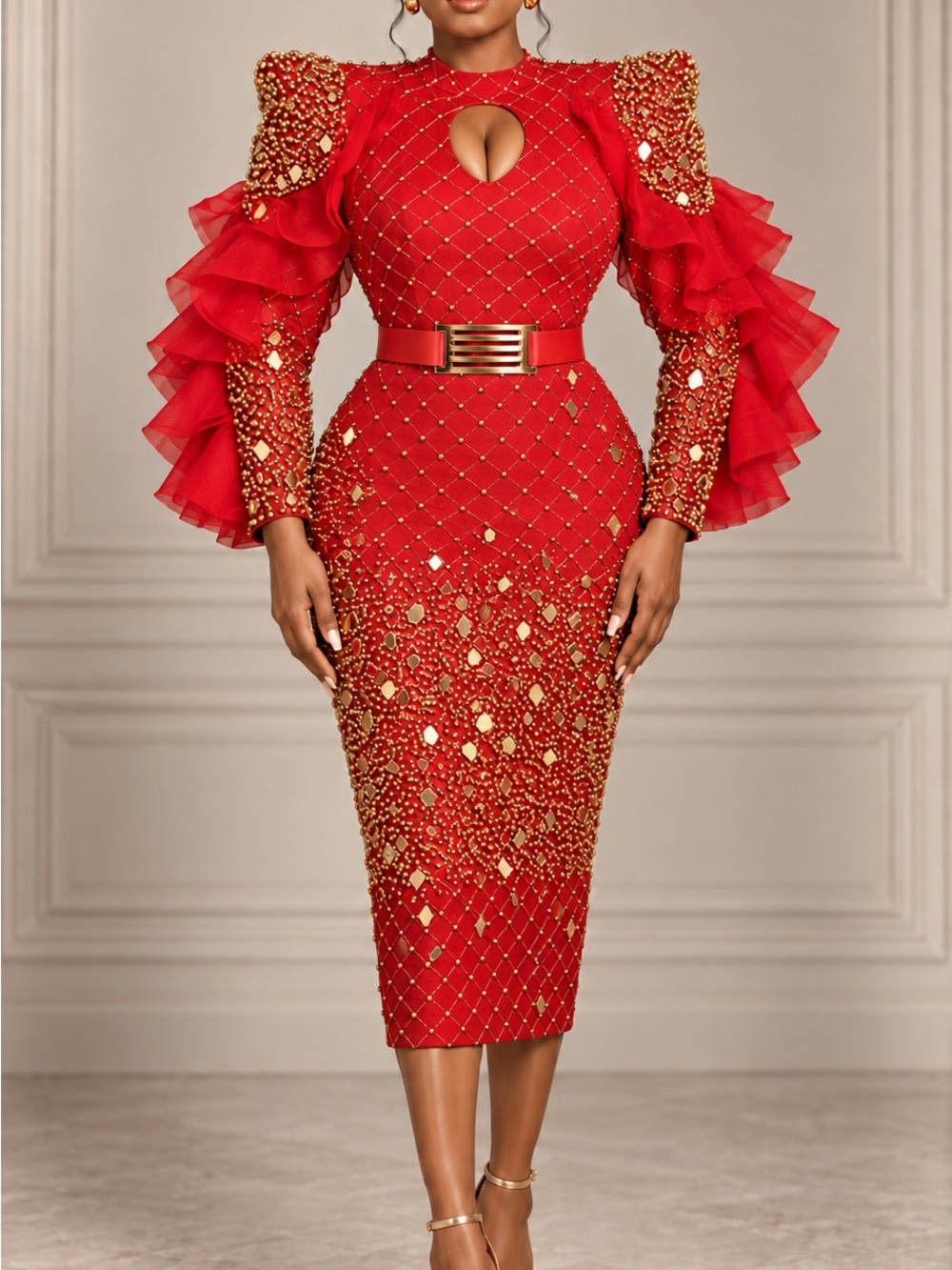 Elegant Red Embellished Midi Dress with Ruffle Sleeves